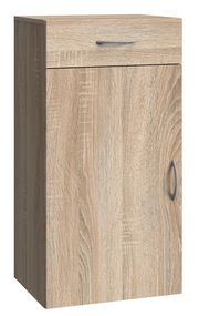 Schuhschrank aus Holz in Eichenoptik mit einer Schublade und einer Tür, seitliche Perspektive