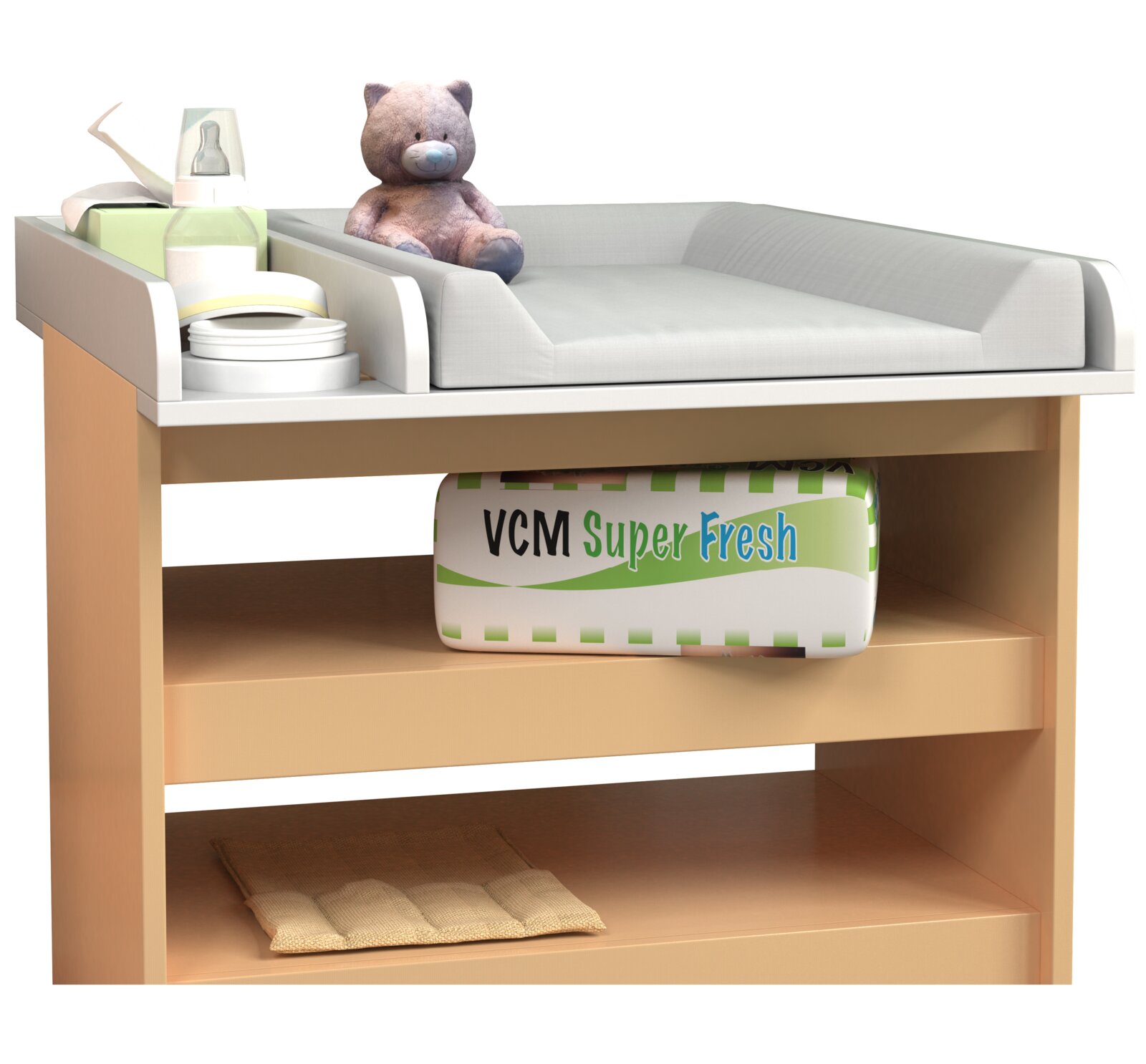 Wickeltisch-Aufsatz in Weiß auf Holzregal mit gepolsterter Wickelauflage, seitlichen Ablagefächern und Babyzubehör (Feuchttücher, Lotion, Dose), vorne leicht seitliche Perspektive