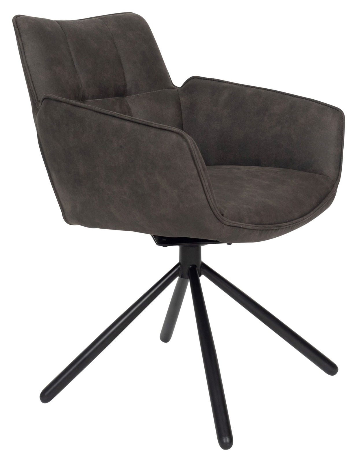 Moderner Armlehnstuhl in dunklem Stoffbezug mit schwarzem Metallgestell, seitliche Perspektive