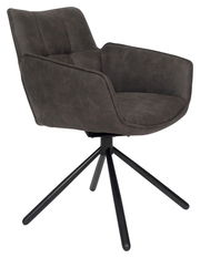 Moderner Armlehnstuhl in dunklem Stoffbezug mit schwarzem Metallgestell, seitliche Perspektive