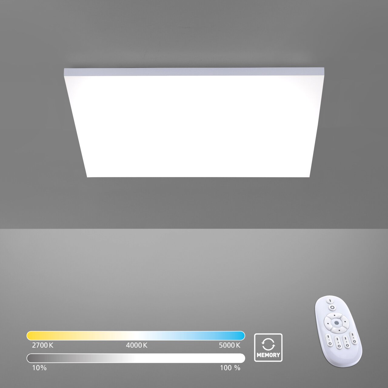 Moderne vierkante plafondlamp met afstandsbediening, gezien van onderaf