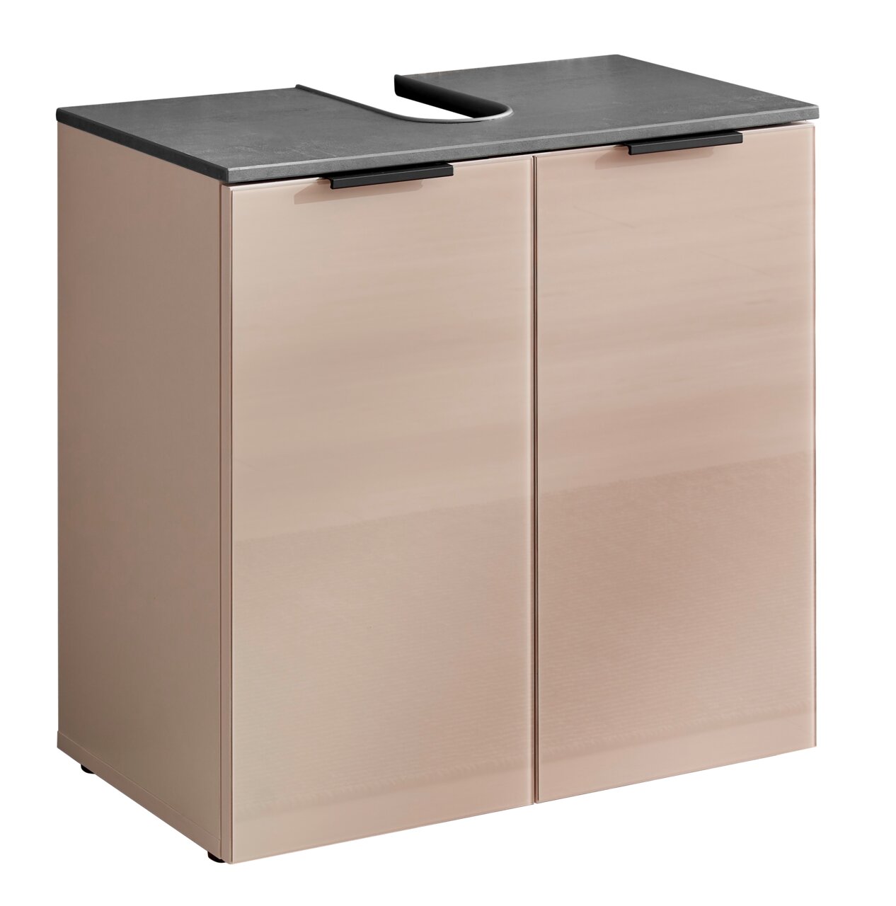 Waschbeckenunterschrank in Beige mit zwei Türen und grauer Ablagefläche, Frontalansicht