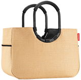 Große Einkaufstasche aus Raffia mit schwarzen Griffen, seitliche Perspektive