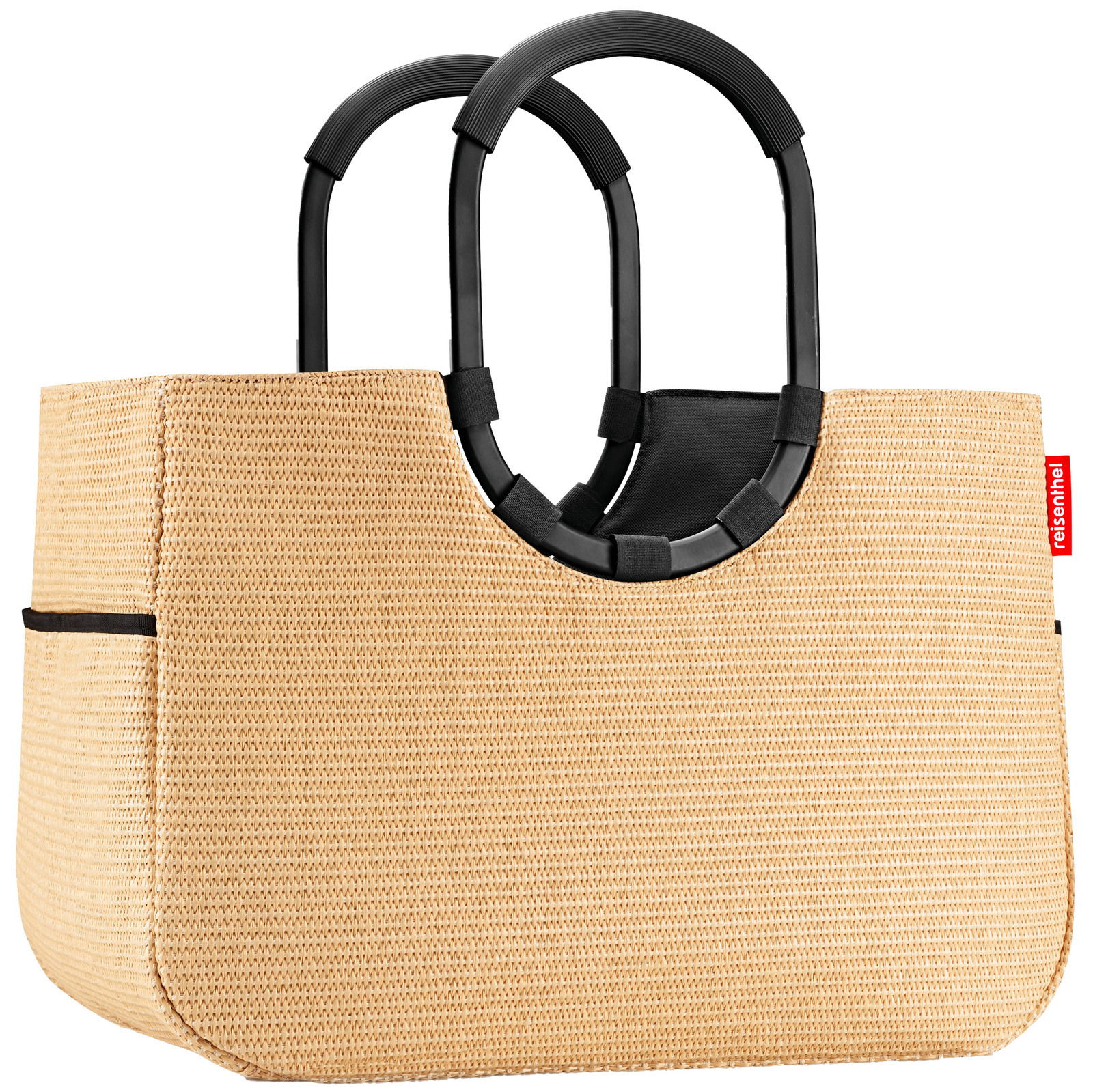 Große Einkaufstasche aus Raffia mit schwarzen Griffen, seitliche Perspektive