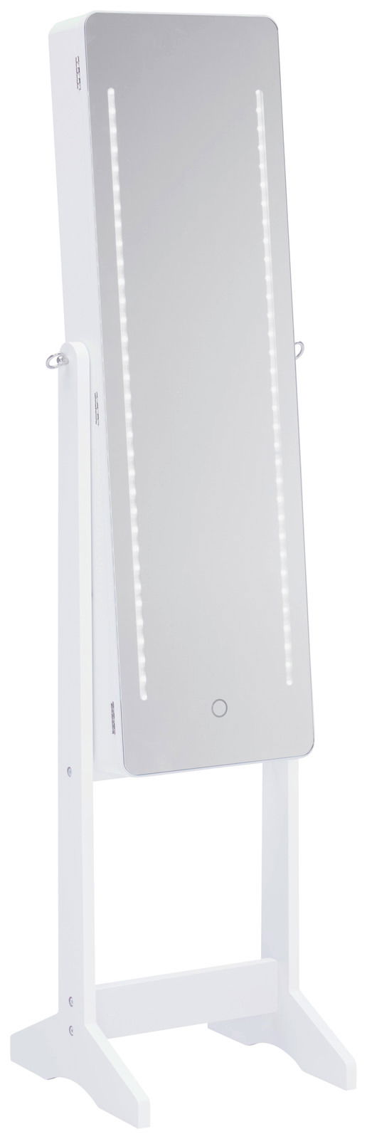 LED-Schmuckstandspiegel in Weiß mit beleuchtetem Spiegel, seitliche Perspektive