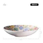 Bunte Keramik-Schale mit Patchwork-Kachelmuster innen, 900 ml Fassungsvermögen, ca. 22 cm Durchmesser und 5 cm Höhe, in seitlicher Ansicht auf weißem Hintergrund.