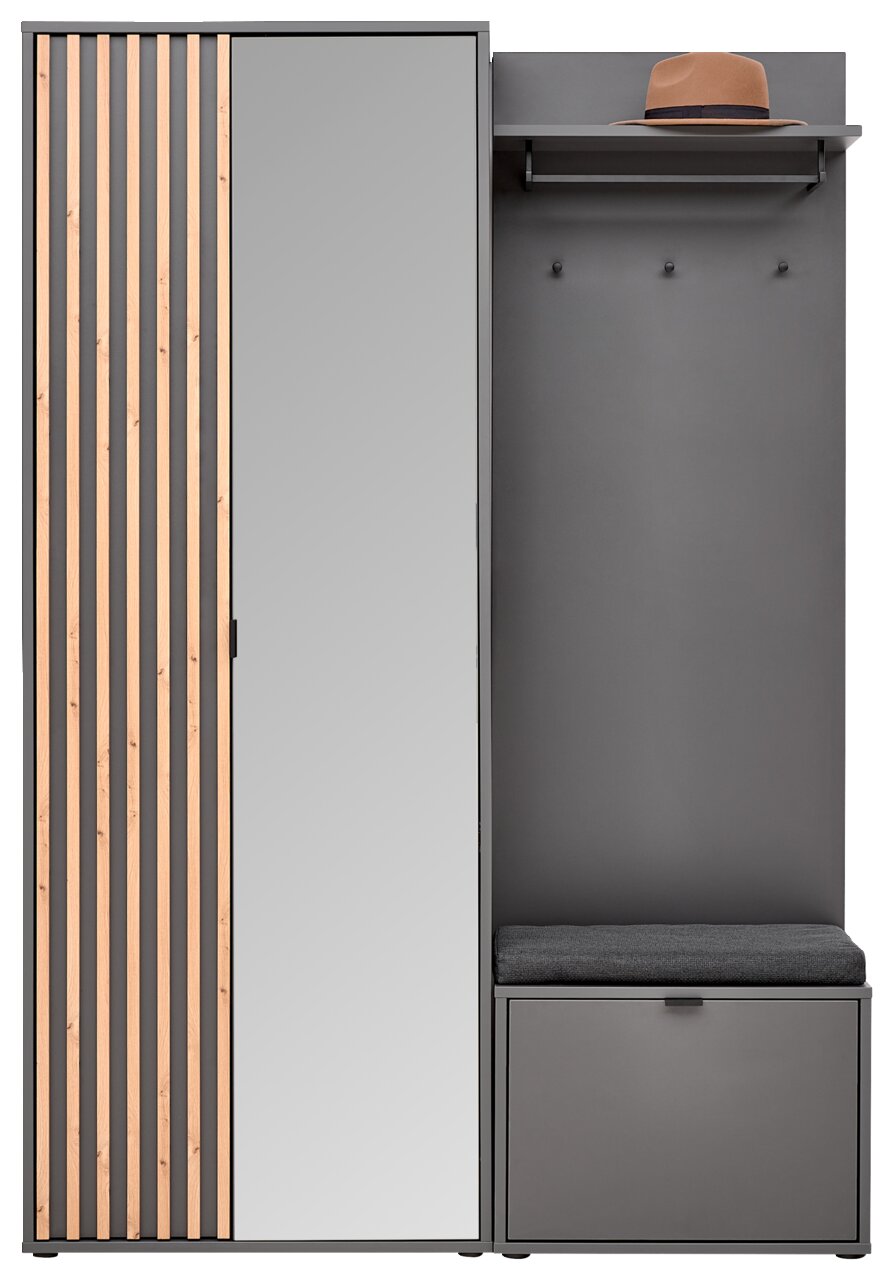 Frontale Ansicht der Voleo Kompaktgarderobe PHIL mit Spiegel, Holzleisten und Sitzbank.