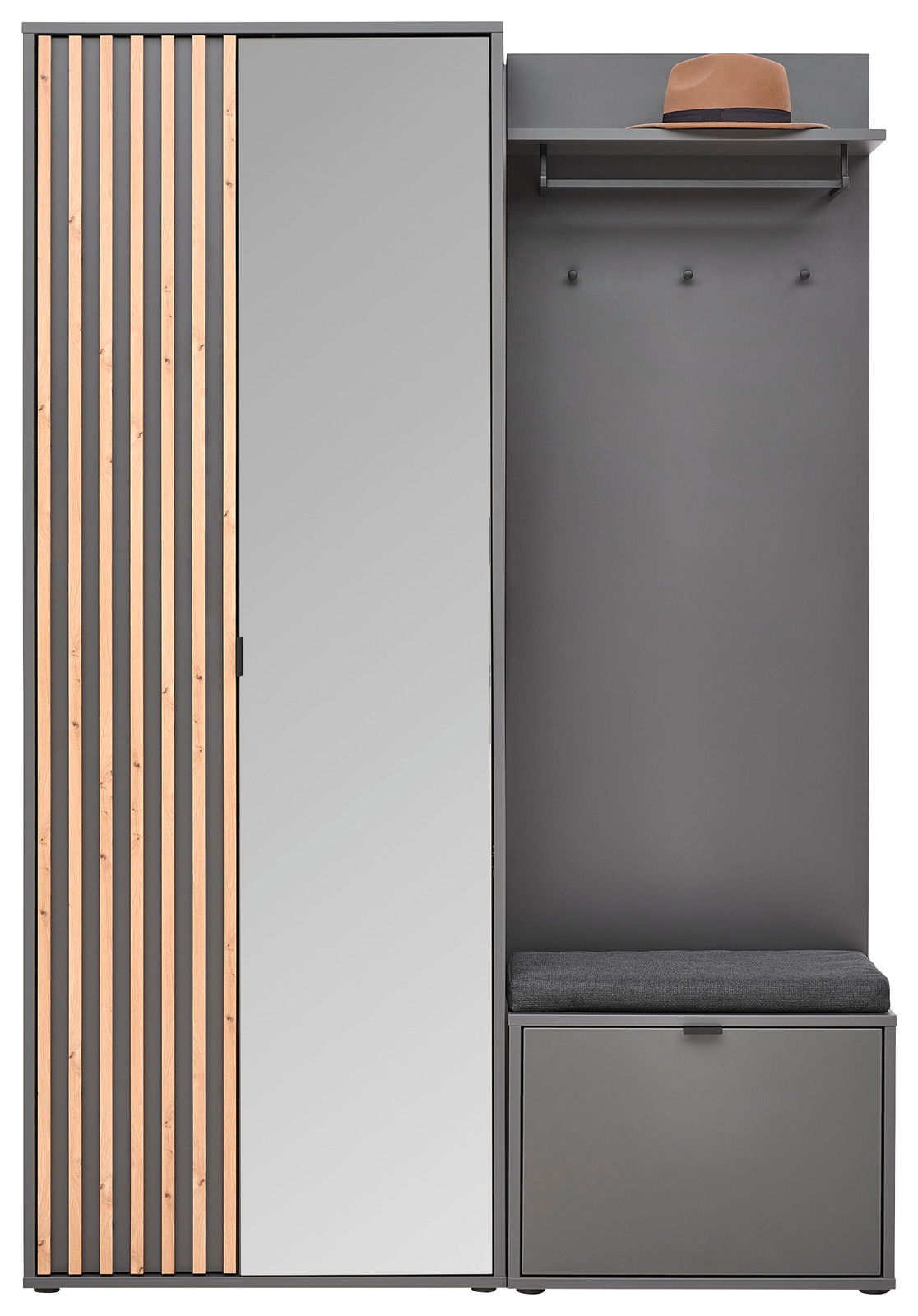 Frontale Ansicht der Voleo Kompaktgarderobe PHIL mit Spiegel, Holzleisten und Sitzbank.