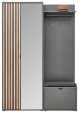 Frontale Ansicht der Voleo Kompaktgarderobe PHIL mit Spiegel, Holzleisten und Sitzbank.