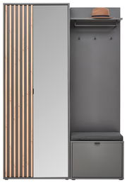 Frontale Ansicht der Voleo Kompaktgarderobe PHIL mit Spiegel, Holzleisten und Sitzbank.