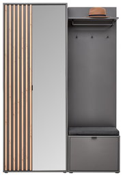 Frontale Ansicht der Voleo Kompaktgarderobe PHIL mit Spiegel, Holzleisten und Sitzbank.