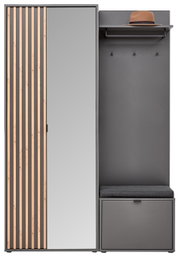 Frontale Ansicht der Voleo Kompaktgarderobe PHIL mit Spiegel, Holzleisten und Sitzbank.