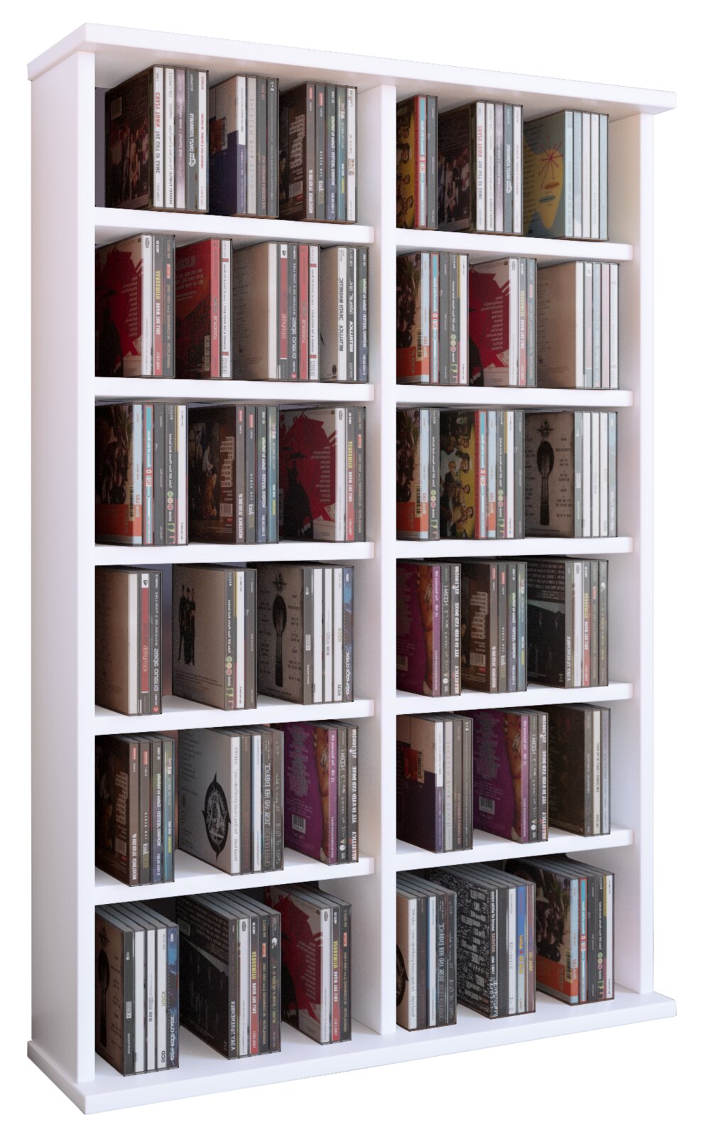 Weißes CD-Regal mit mehreren Fächern, gefüllt mit CDs, in leicht schräger Frontansicht vor weißem Hintergrund.