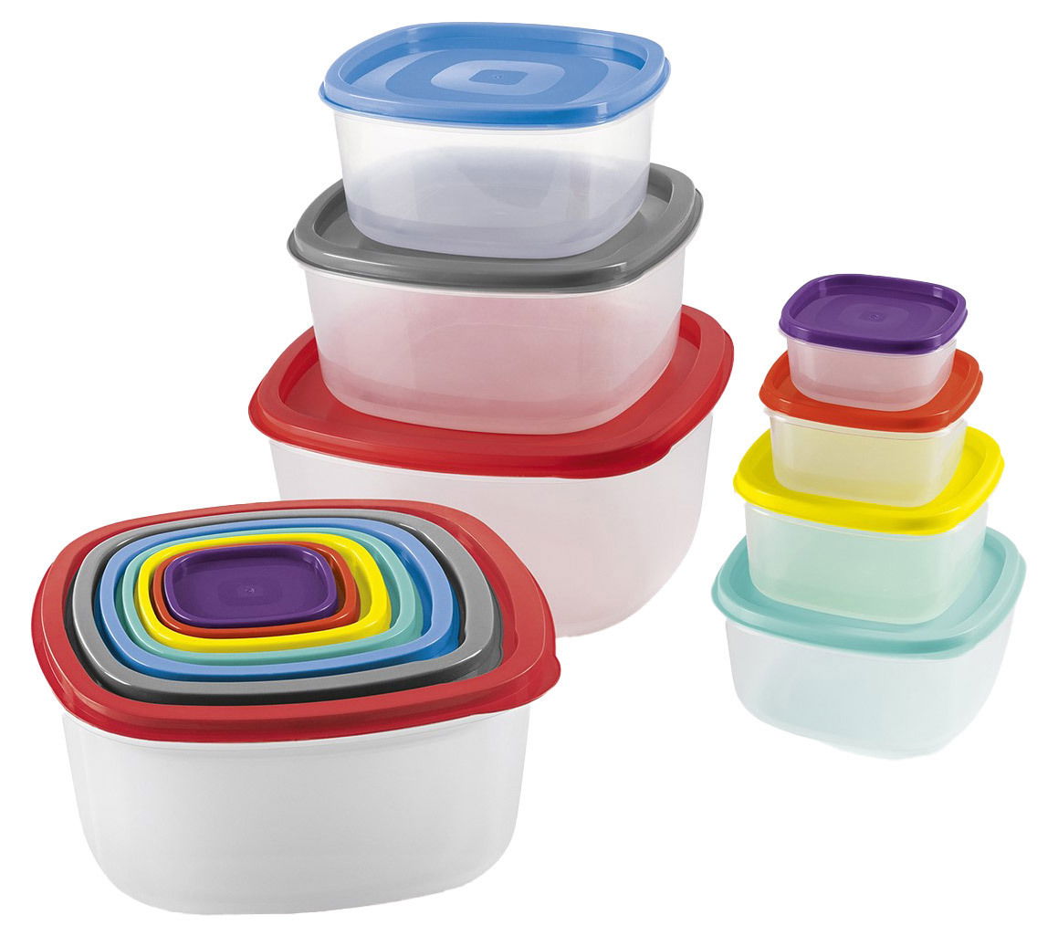 GOURMETMAXX Frischhaltedose 28-tlg. Verschiedene Frischhaltedosen in bunten Farben und unterschiedlichen Größen, gestapelt und ineinander verschachtelt, aus einer leicht seitlichen Perspektive.