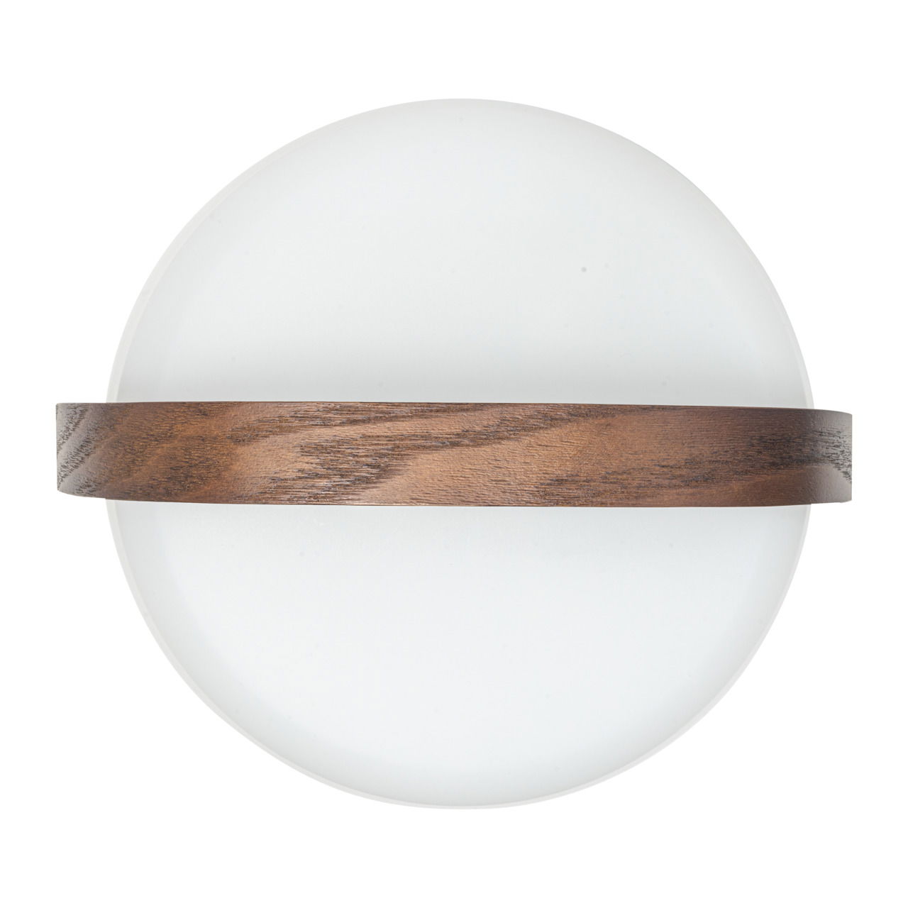 Ansicht von oben auf eine runde, weiße Leuchte mit einem umlaufenden Holzring.