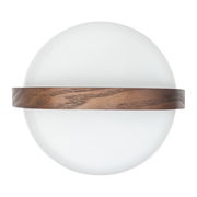 Ansicht von oben auf eine runde, weiße Leuchte mit einem umlaufenden Holzring.