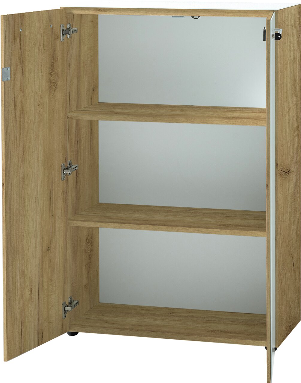 Offener Aktenschrank aus Holz mit zwei Einlegeböden, Perspektive von vorne links