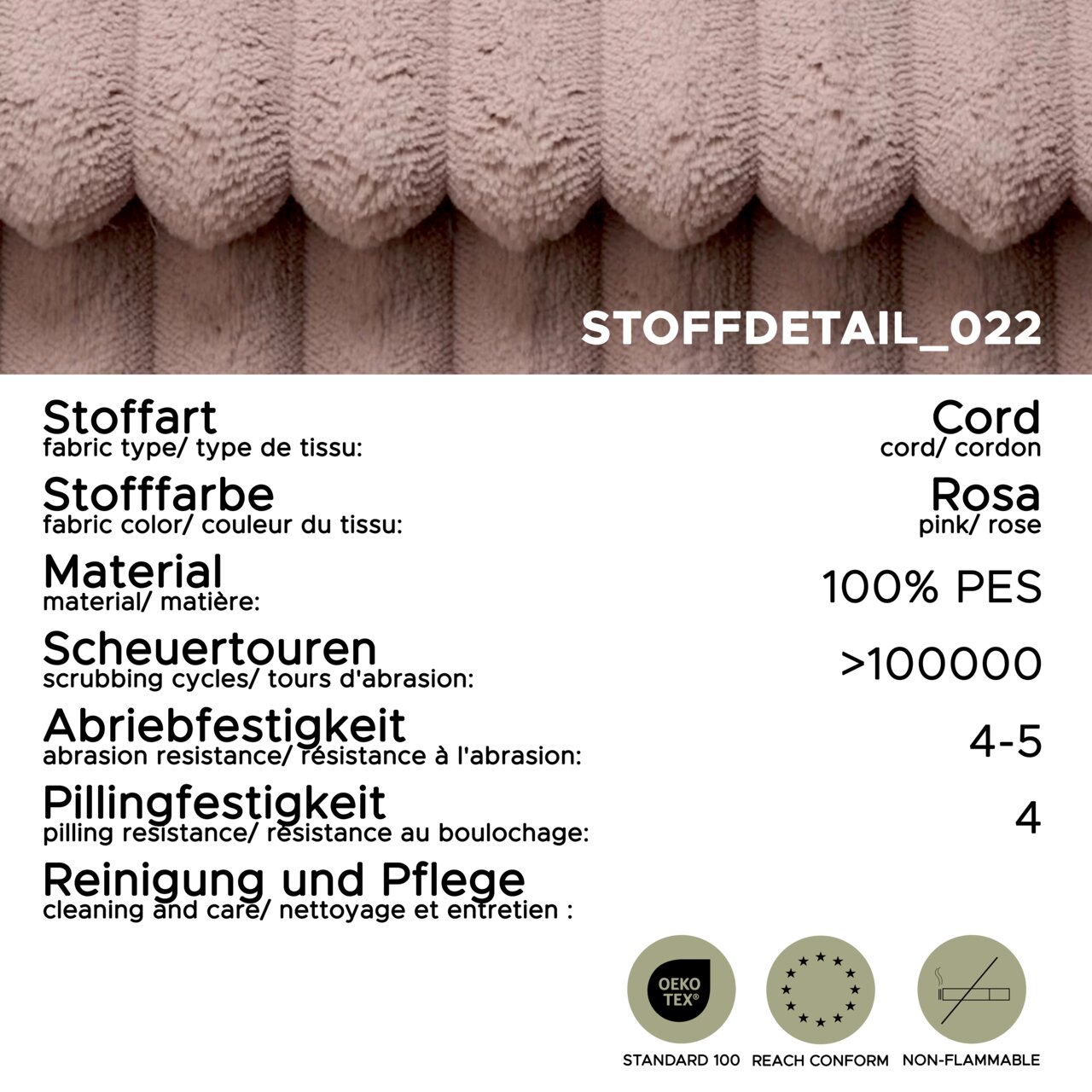 Nahaufnahme eines rosa Cordstoffs mit hoher Abriebfestigkeit und Pflegehinweisen, von oben betrachtet.