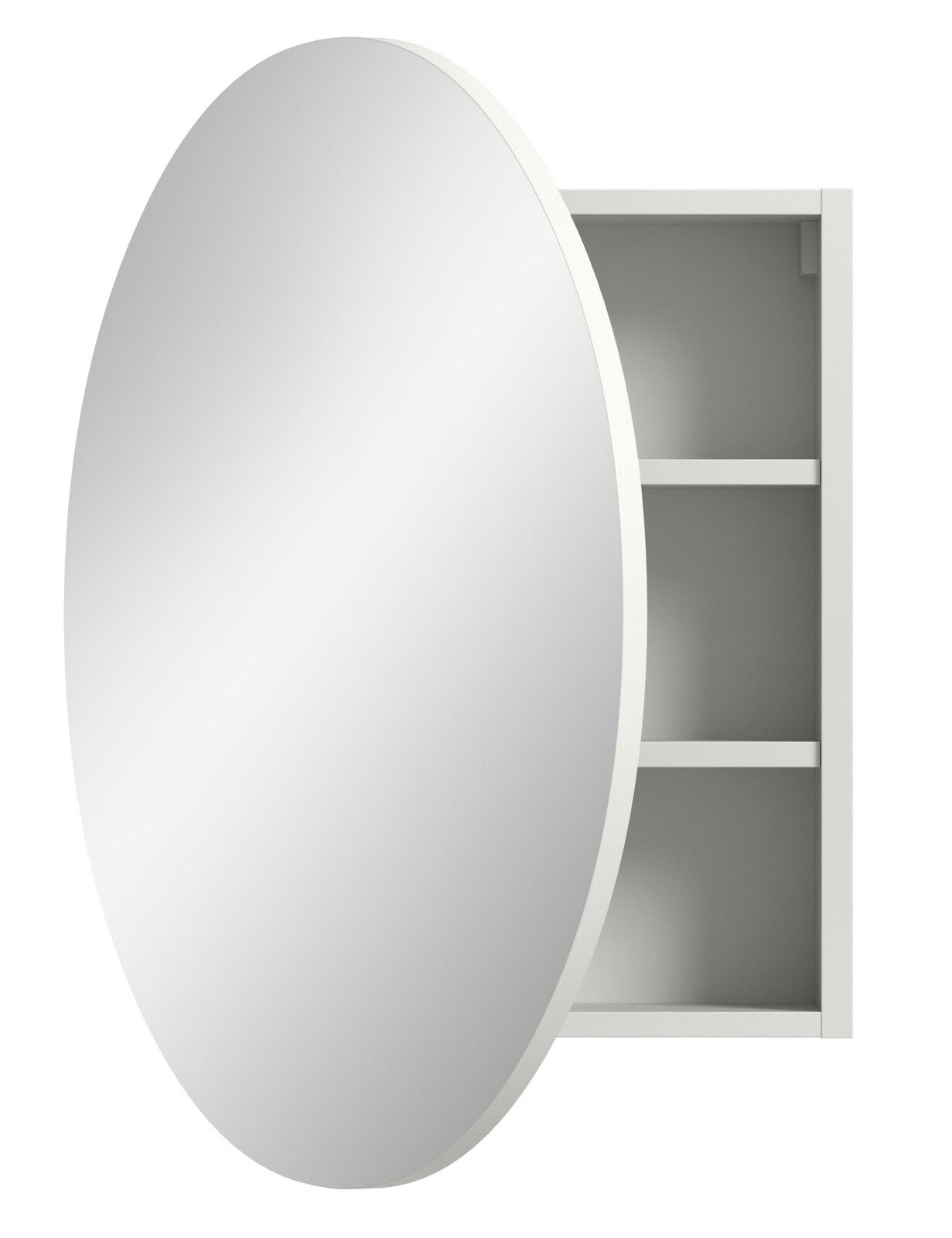 Runder Spiegelschrank mit geöffneter Tür, seitliche Perspektive, zeigt zwei Regalböden im Inneren.