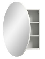 Runder Spiegelschrank mit geöffneter Tür, seitliche Perspektive, zeigt zwei Regalböden im Inneren.