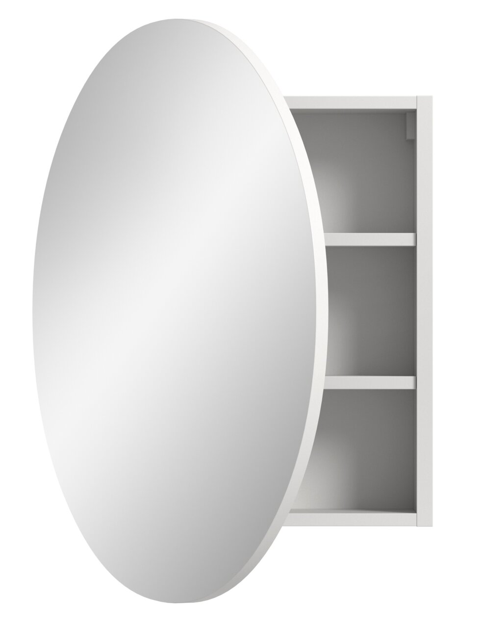 Runder Spiegelschrank mit geöffneter Tür, seitliche Perspektive, zeigt zwei Regalböden im Inneren.