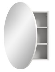 Runder Spiegelschrank mit geöffneter Tür, seitliche Perspektive, zeigt zwei Regalböden im Inneren.