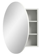 Runder Spiegelschrank mit geöffneter Tür, seitliche Perspektive, zeigt zwei Regalböden im Inneren.