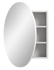 Runder Spiegelschrank mit geöffneter Tür, seitliche Perspektive, zeigt zwei Regalböden im Inneren.