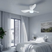 Witte plafondventilator met vier gebogen bladen en geïntegreerde ledlamp in een moderne slaapkamer, vanuit onderaanzicht