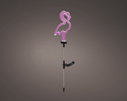 Solarbetriebene Stabbeleuchtung in Form eines pinken Flamingos, seitliche Ansicht.