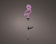 Solarbetriebene Stabbeleuchtung in Form eines pinken Flamingos, seitliche Ansicht.
