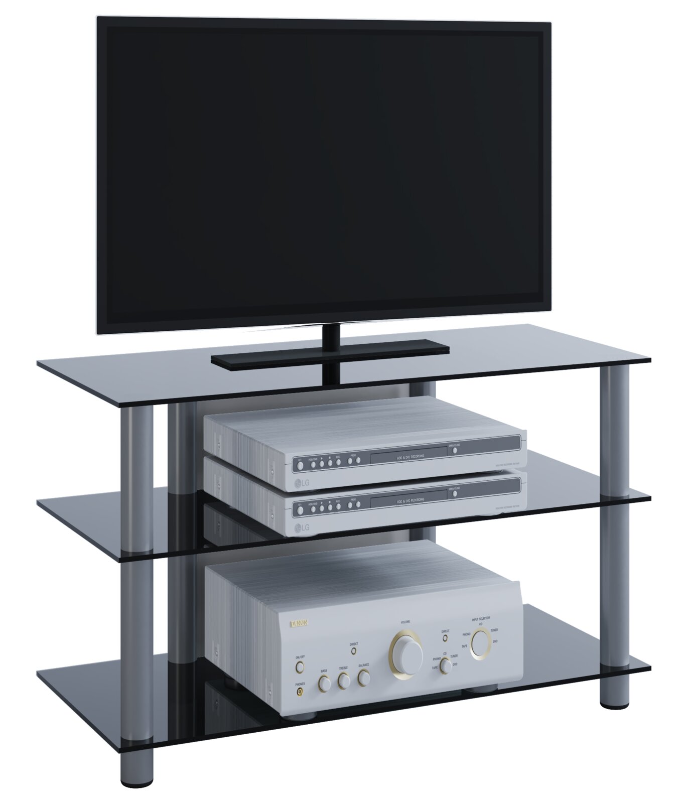Schwarzes TV- und HiFi-Rack mit Glasböden und Metallstützen, darauf ein Flachbildfernseher sowie mehrere AV-Geräte; Ansicht schräg von vorne.