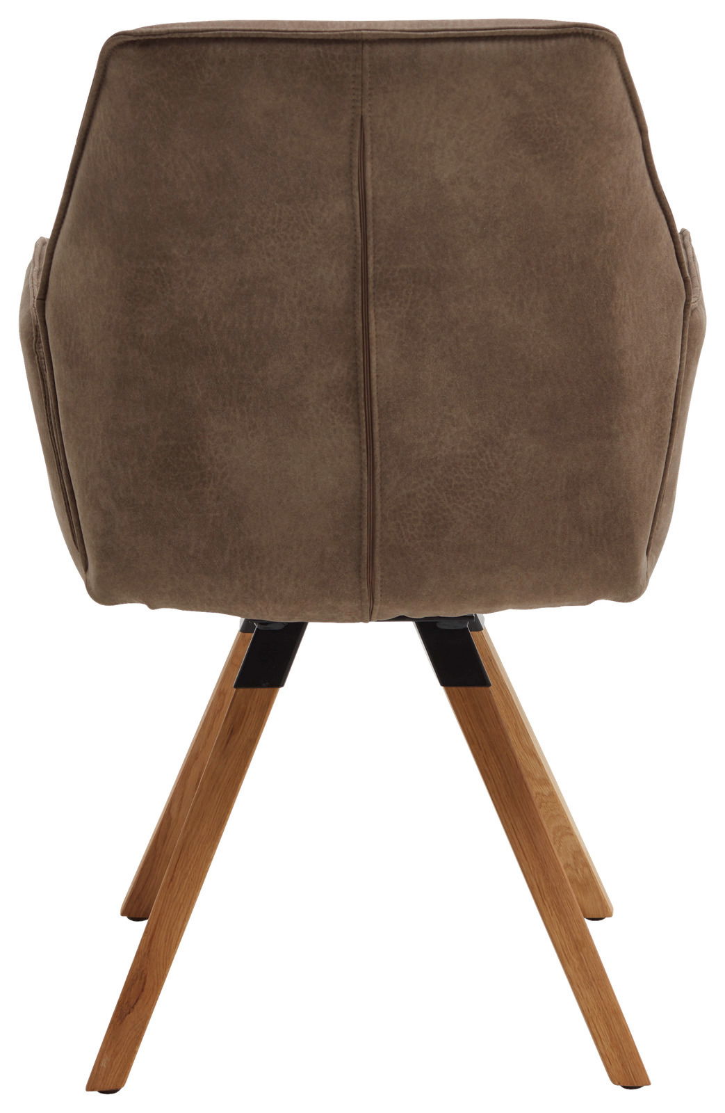 Rückansicht eines Sessels mit braunem Stoffbezug und Holzbeinen.