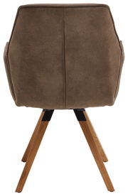 Rückansicht eines Sessels mit braunem Stoffbezug und Holzbeinen.