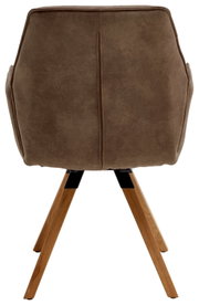 Achterkant van een fauteuil met bruine stoffen bekleding en houten poten.