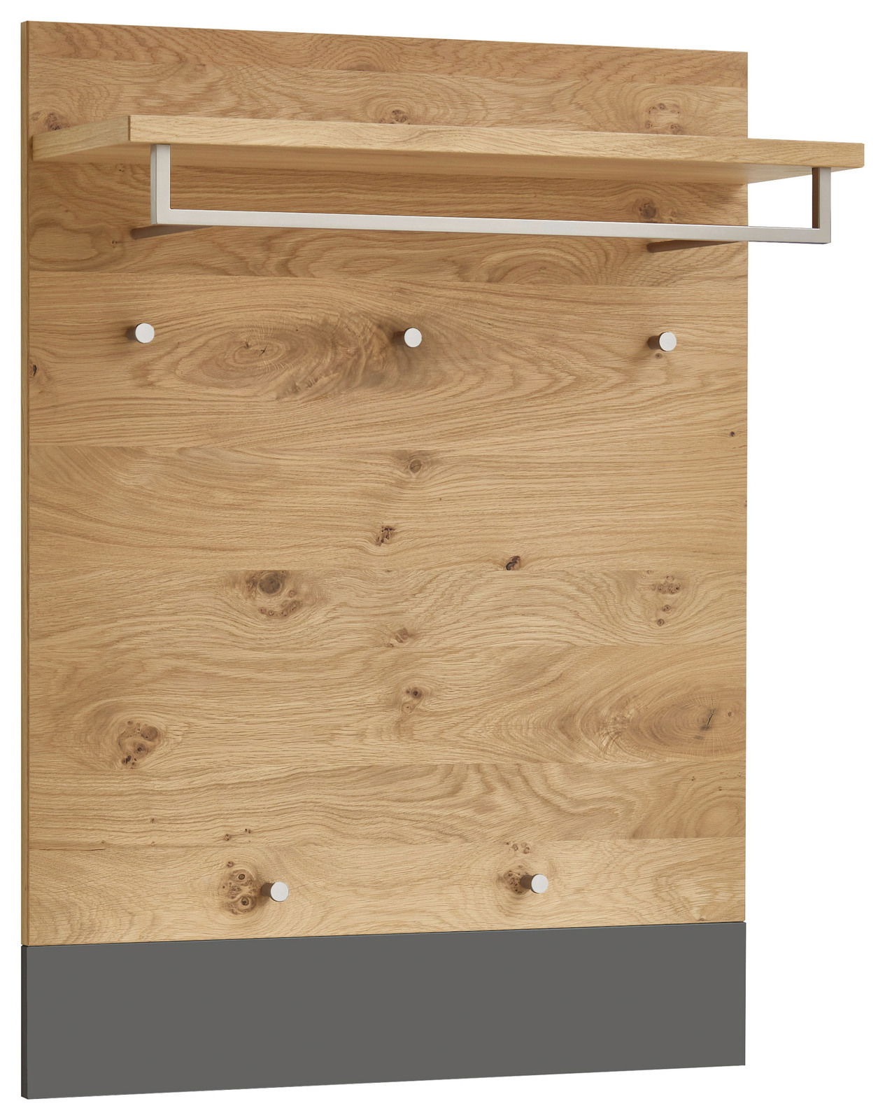 Garderobenpaneel aus Holz mit fünf Haken und einer Ablage, frontal betrachtet.