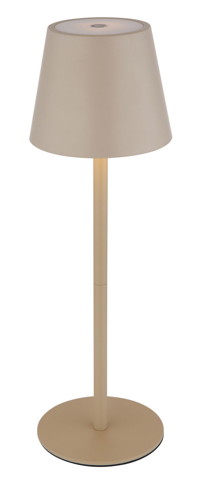 Beige Akku-Tischleuchte VANNIE 3 in seitlicher Ansicht mit konischem Lampenschirm und rundem Sockel.