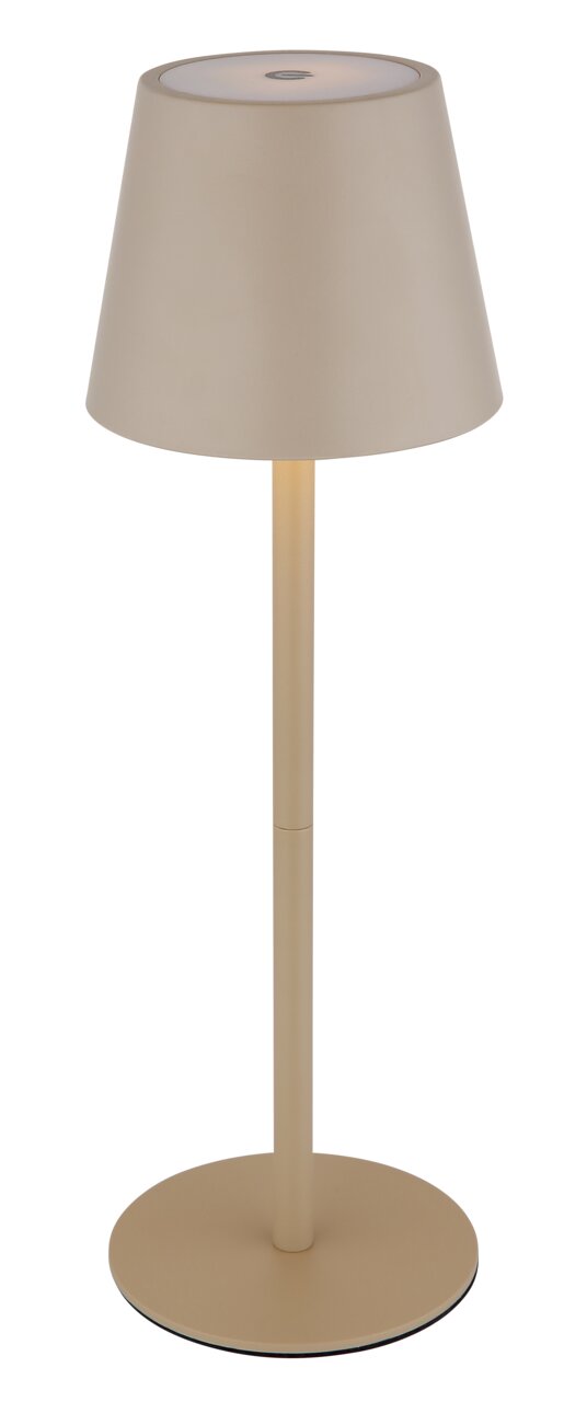 Beige Akku-Tischleuchte VANNIE 3 in seitlicher Ansicht mit konischem Lampenschirm und rundem Sockel.