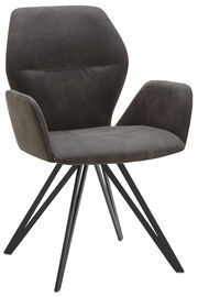 Moderner Armlehnenstuhl mit schwarzem Metallgestell und dunkelgrauem Polster, seitliche Perspektive