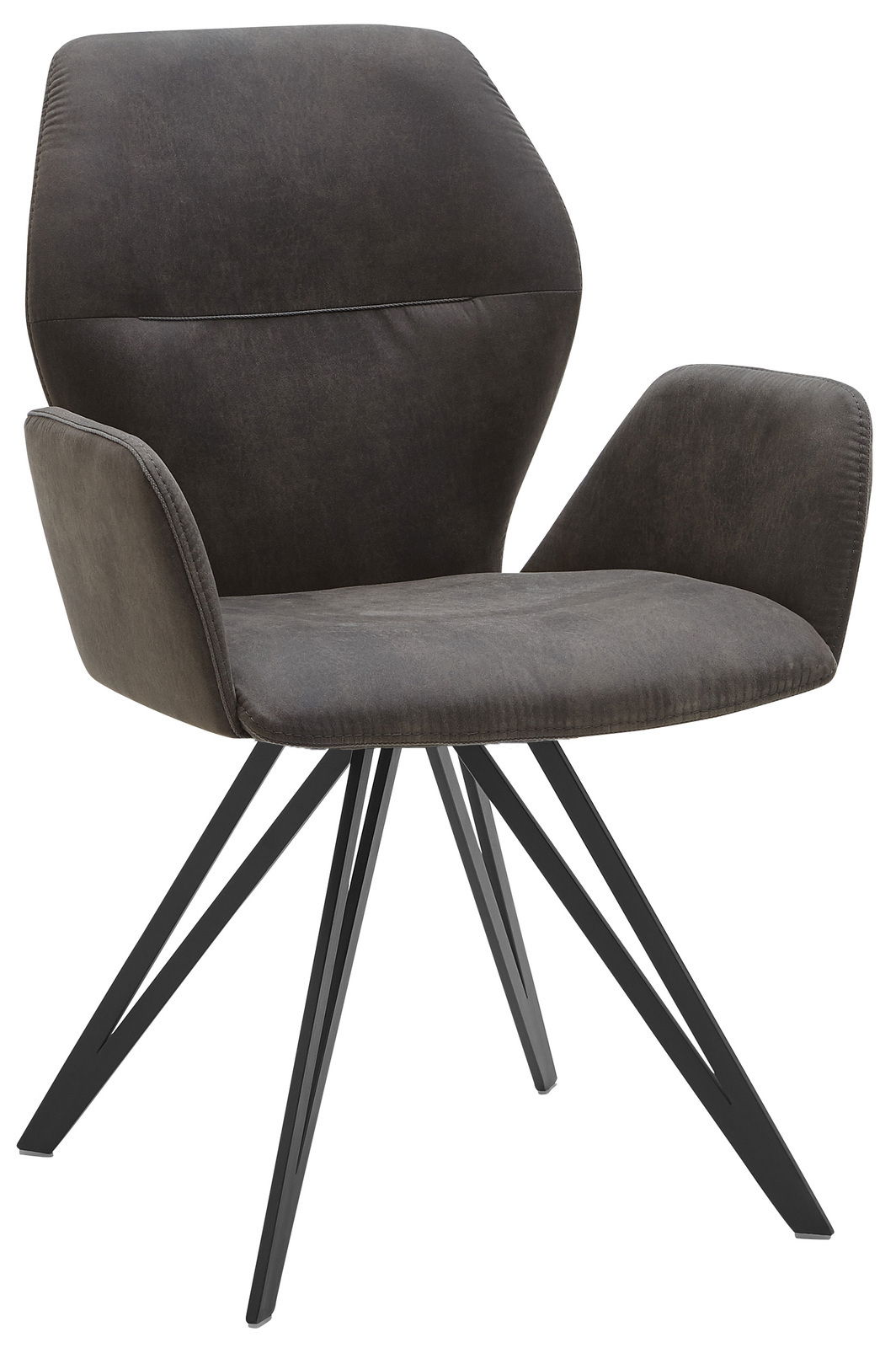 Moderner Armlehnenstuhl mit schwarzem Metallgestell und dunkelgrauem Polster, seitliche Perspektive