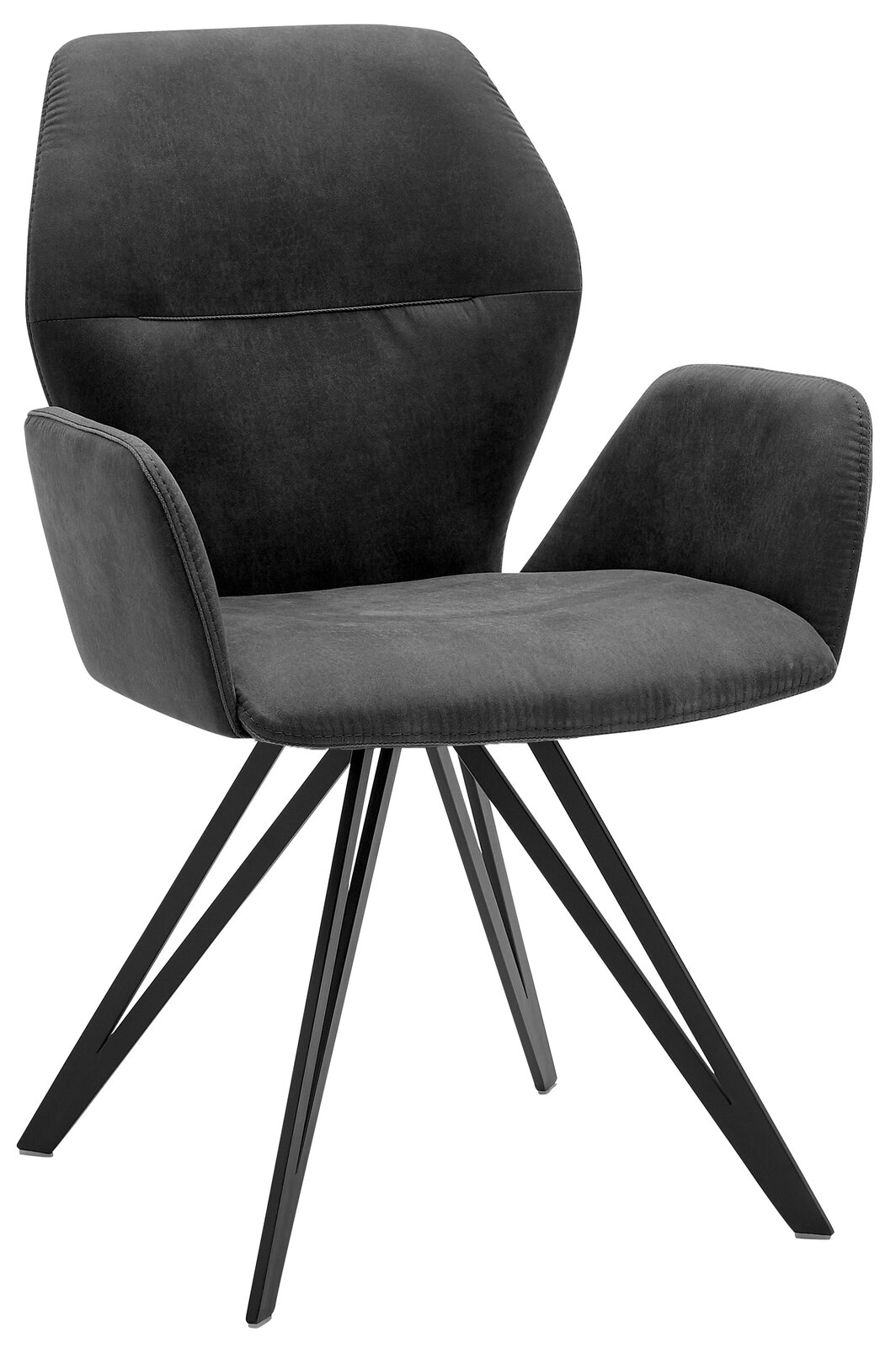 Moderner Armlehnenstuhl mit schwarzem Metallgestell und dunkelgrauem Polster, seitliche Perspektive