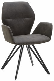 Moderner Armlehnenstuhl mit schwarzem Metallgestell und dunkelgrauem Polster, seitliche Perspektive