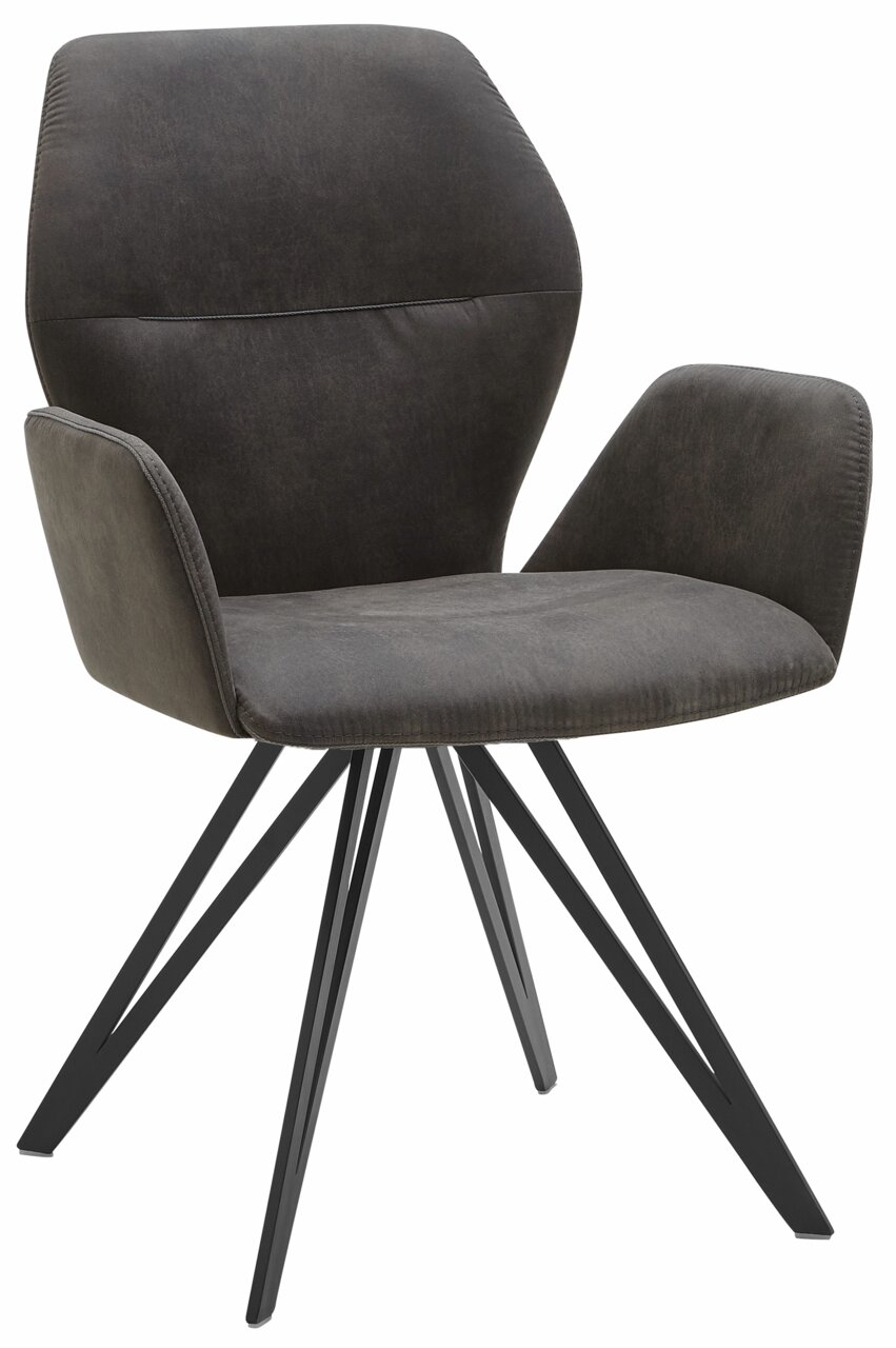 Moderner Armlehnenstuhl mit schwarzem Metallgestell und dunkelgrauem Polster, seitliche Perspektive