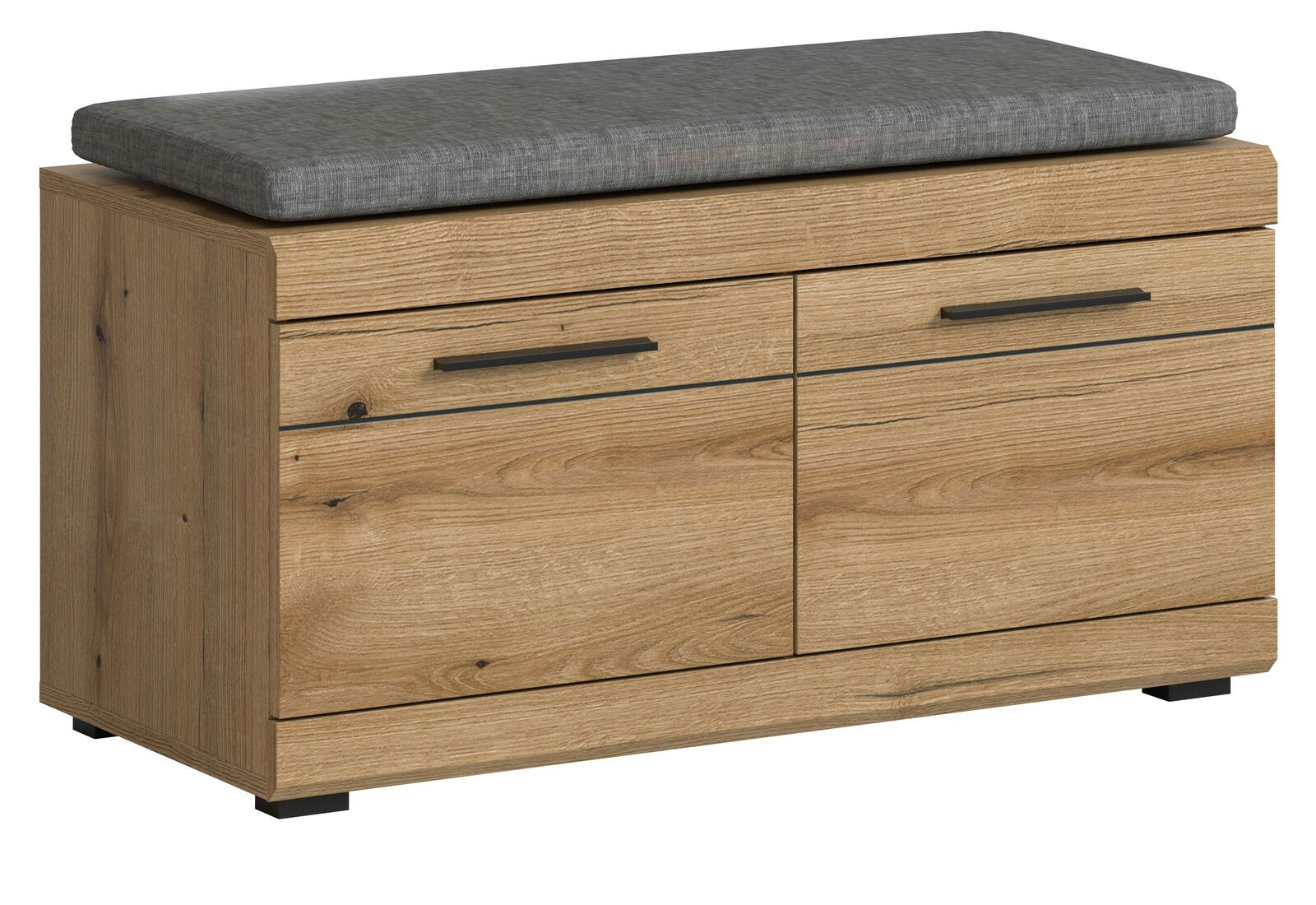 Holz-Sitzbank mit grauem Sitzkissen, Frontansicht