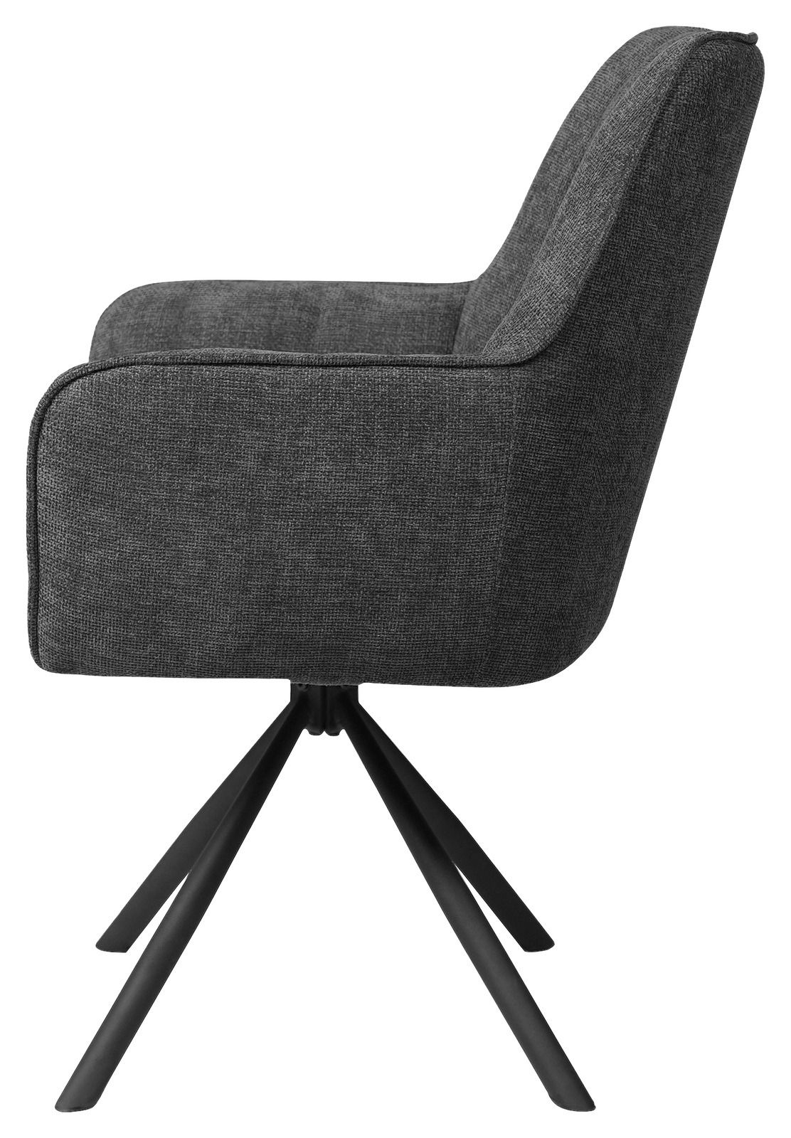 Seitenansicht eines grauen Armlehnstuhls mit schwarzem Metallgestell und vier Beinen.