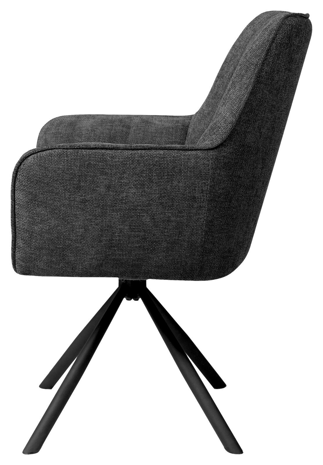 Seitenansicht eines grauen Armlehnstuhls mit schwarzem Metallgestell und vier Beinen.