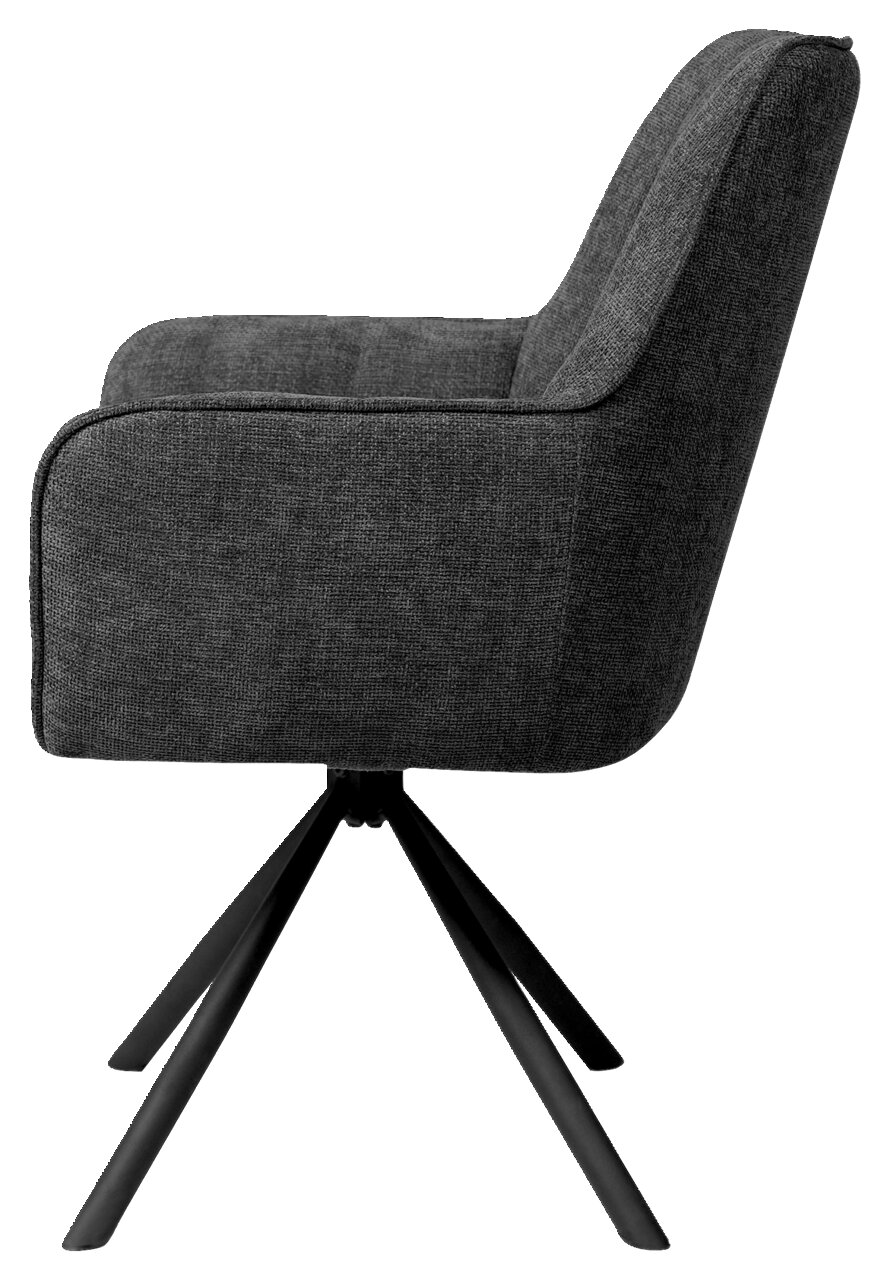 Seitenansicht eines grauen Armlehnstuhls mit schwarzem Metallgestell und vier Beinen.
