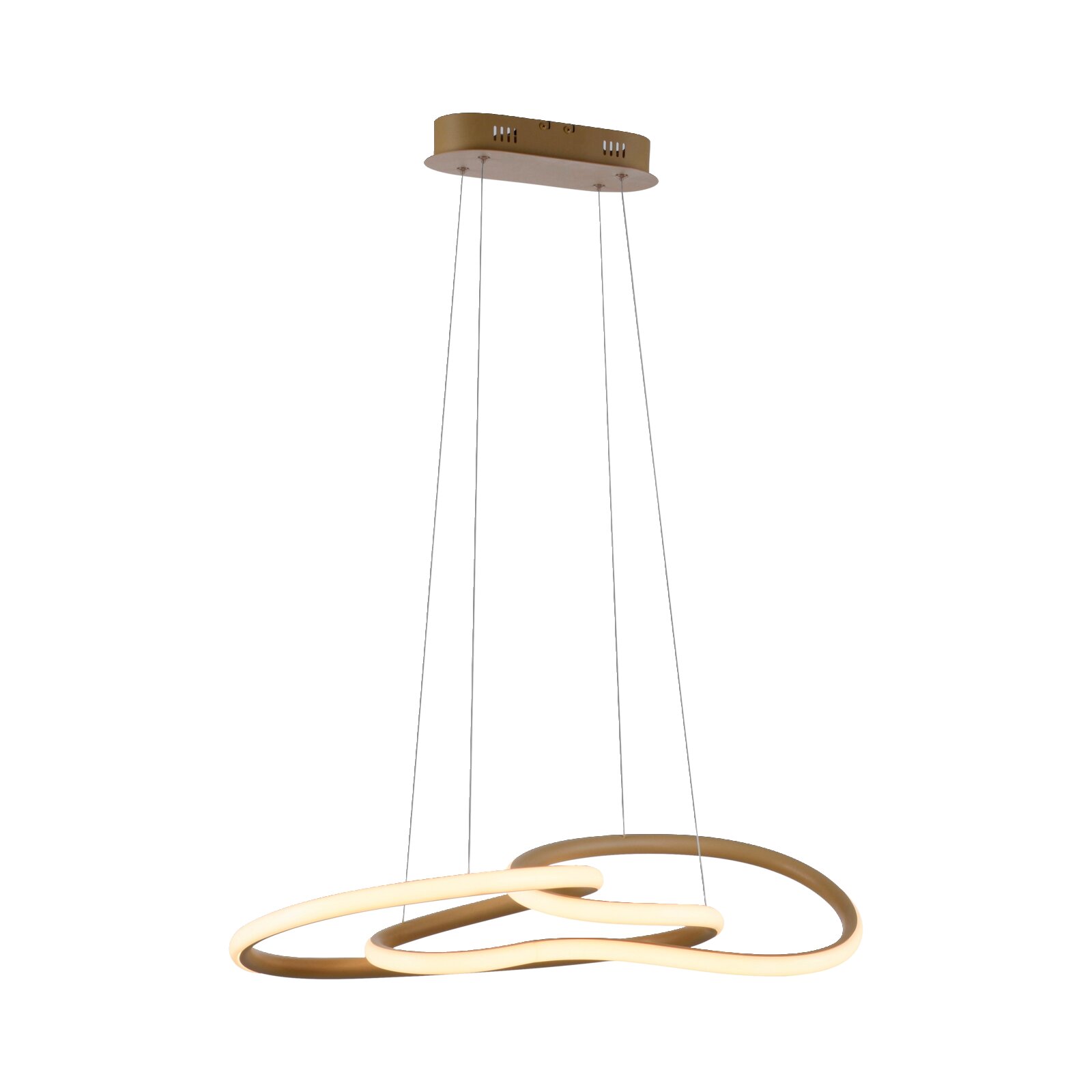 Moderne LED-Pendelleuchte in Gold mit drei ineinander verschlungenen, leuchtenden Ringen, an feinen Seilabhängungen – Produktansicht leicht von unten auf weißem Hintergrund