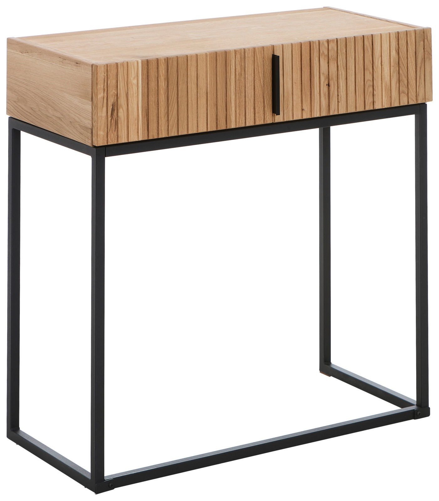 Moderner Konsolentisch aus Holz mit schwarzem Metallgestell, seitliche Perspektive