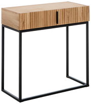 Moderner Konsolentisch aus Holz mit schwarzem Metallgestell, seitliche Perspektive